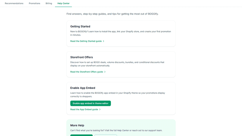 Built-in help center with one-click app embed setup
