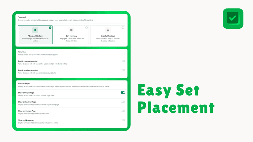 Easy Placement checkbox above add to car, checkout, cart