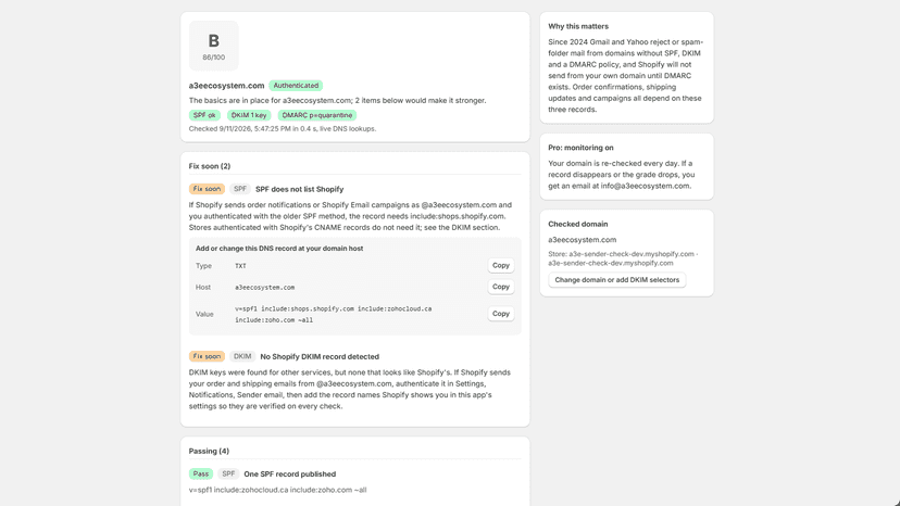 Sender Check report: grade, SPF, DKIM and DMARC findings