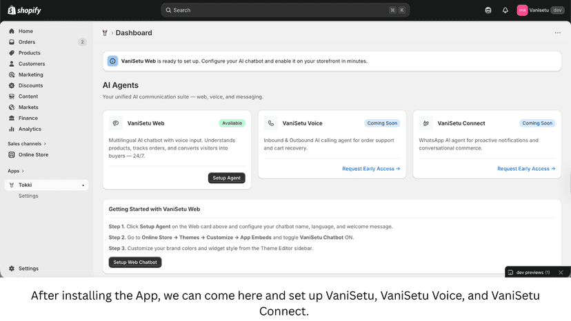 App dashboard for setting up VaniSetu chat.