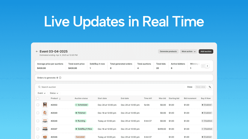 Real-time updates on auction progress and bidder activity