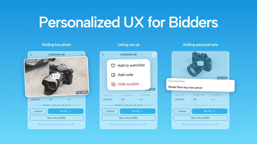 Bidder tools like proxy bidding, private notes, and watchlist