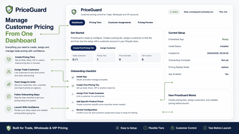 PriceGuard dashboard with pricing controls and setup tools
