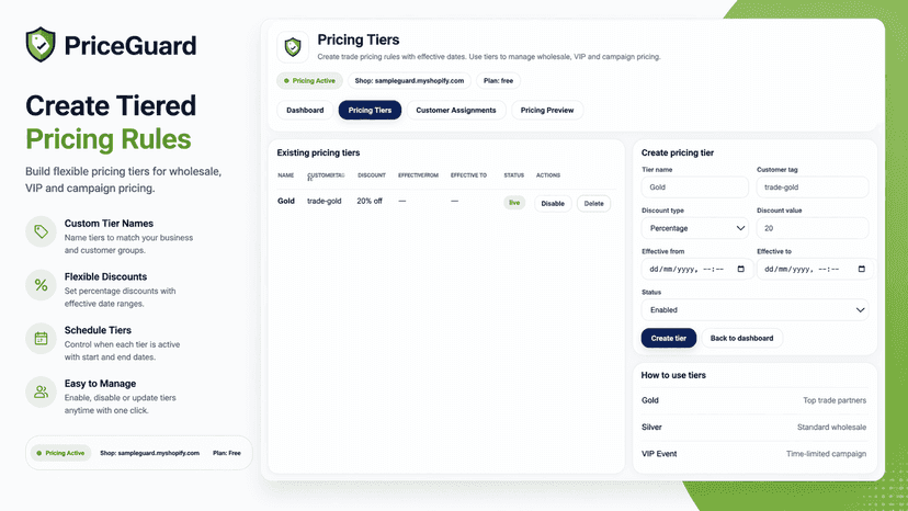 Pricing tiers screen for customer pricing rules and discounts