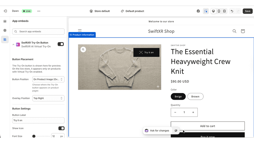 Virtual Try-On integrated into a standard product page