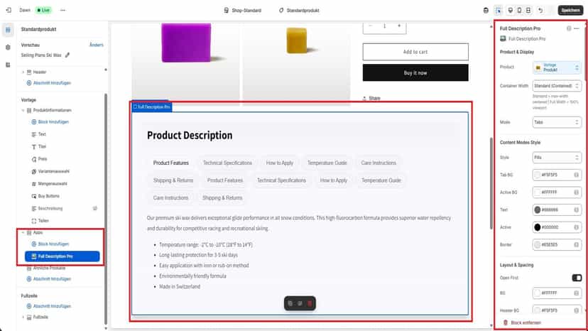 Description tabs app - before/after comparison screenshot