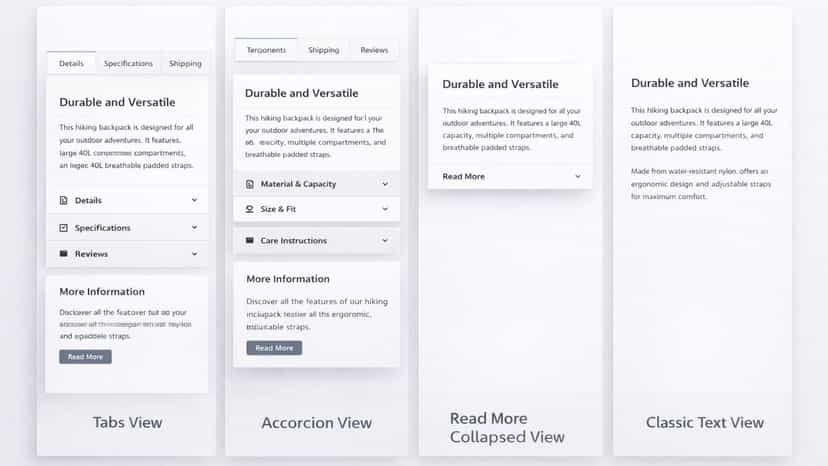 Shopify product page: unorganized text vs clean tab layout