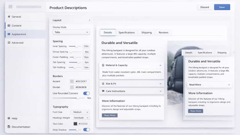 Shopify product page: unorganized text vs clean tab layout