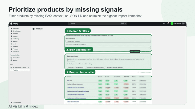 Product list with filters, bulk optimization, and missing signal