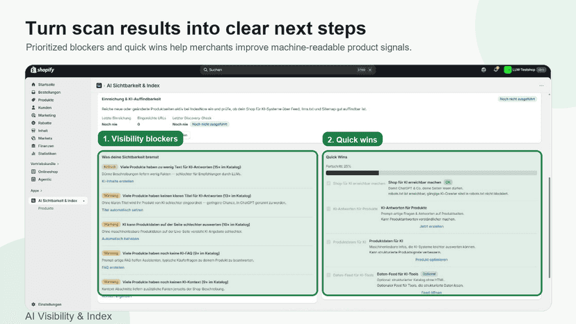 Dashboard with visibility blockers and prioritized quick wins fo
