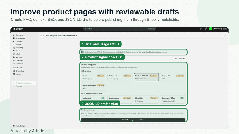 Product optimization screen with AI checks, JSON-LD, and reviewa