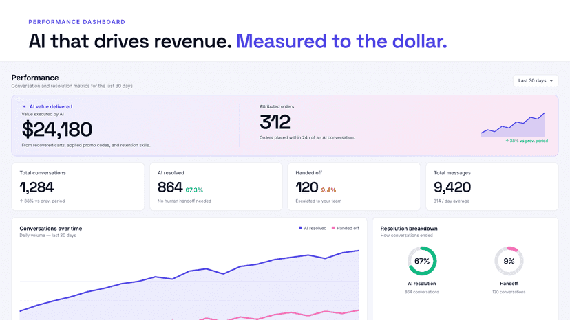 Performance dashboard with conversation/resolution metrics