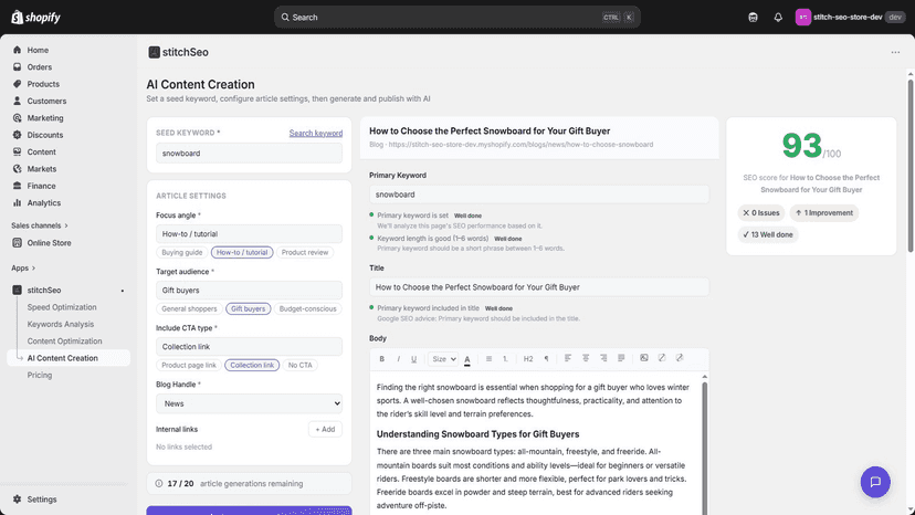 From keyword to published Shopify blog post in minutes.