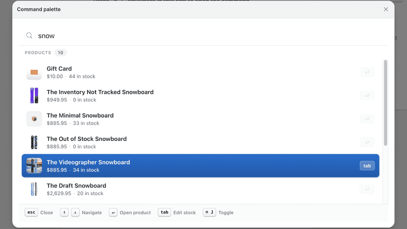 StockPalette product search interface using the command palette.