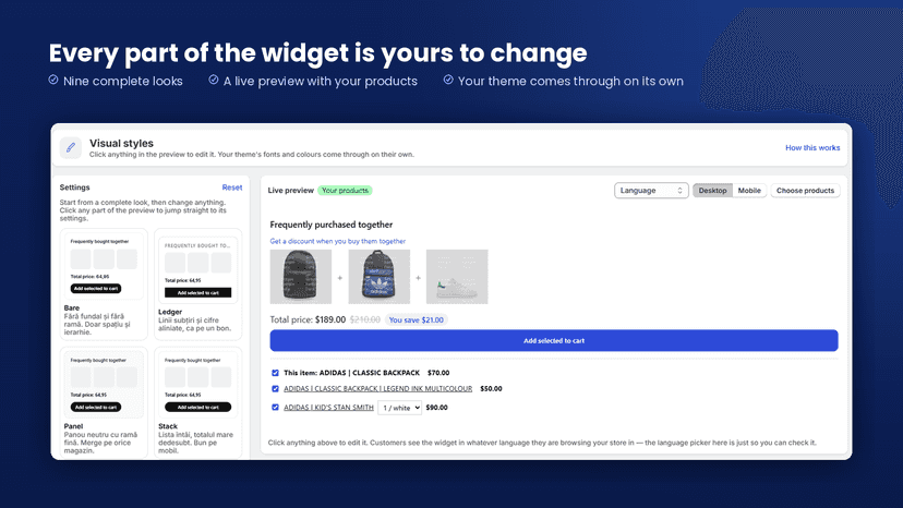 Style editor with theme gallery and live preview
