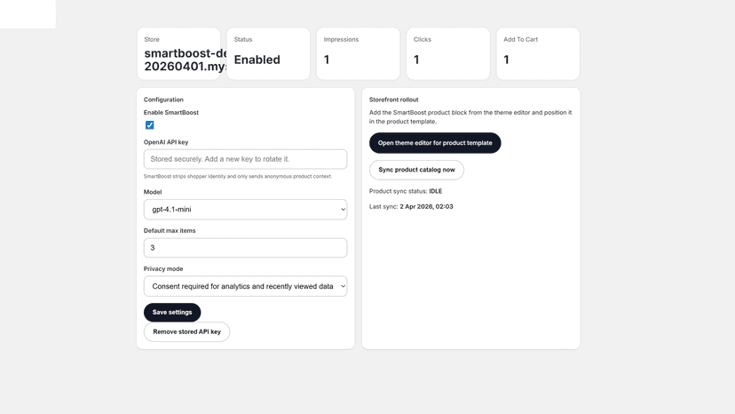 SmartBoost admin dashboard with settings and analytics