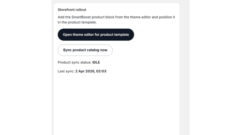 SmartBoost product upsell block in the Shopify theme editor