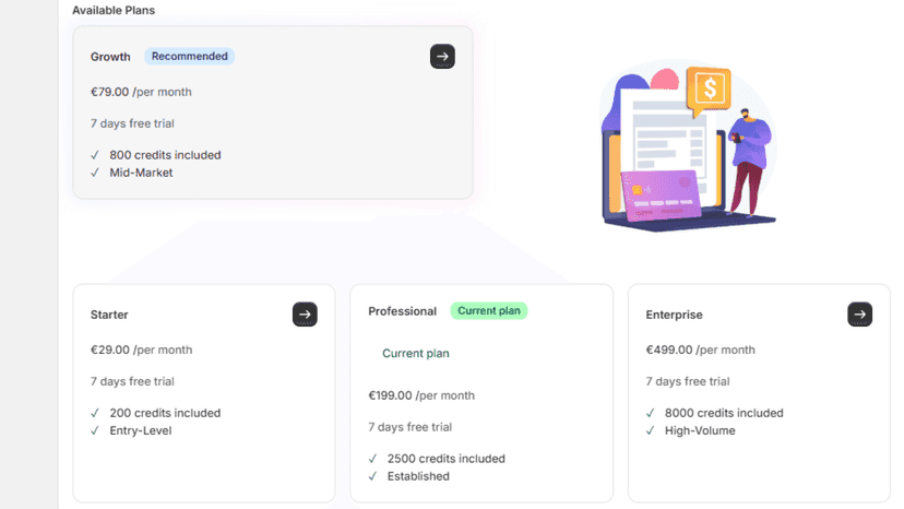 Plans and pricing page of the app
