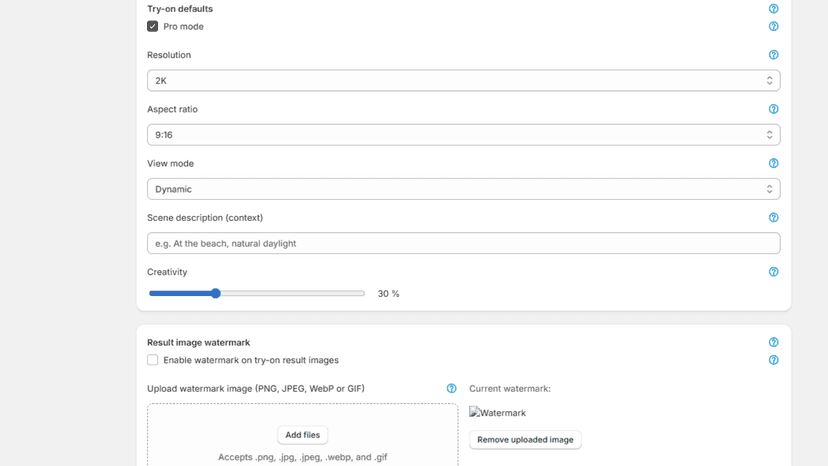 Settings page of the app in the admin