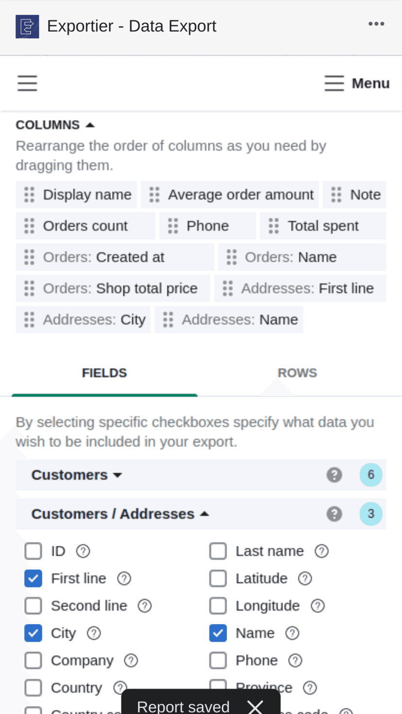 Customize Shopify store reports with various fields and filters on mobile