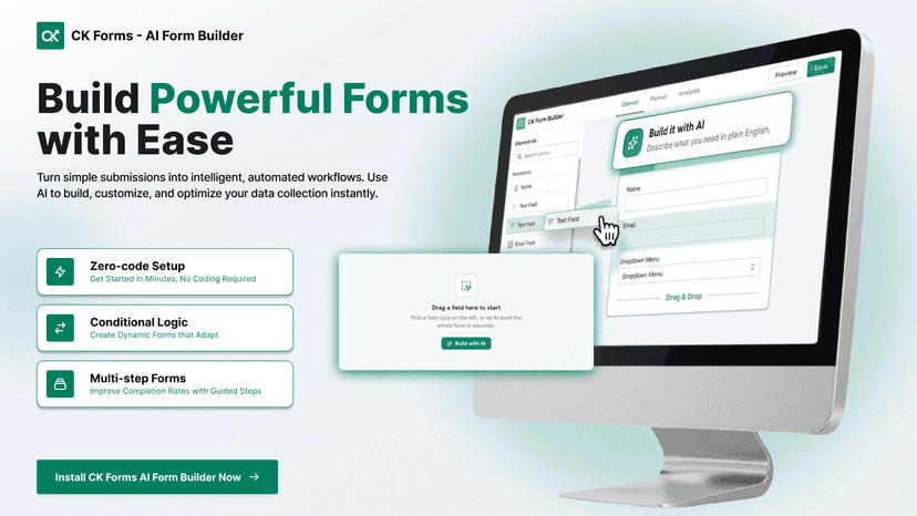 CK Forms AI Form Builder drag-and-drop canvas displayed on a des