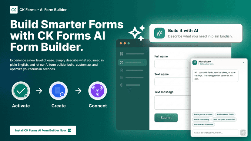 CK Forms AI Form Builder interface showing an AI assistant panel