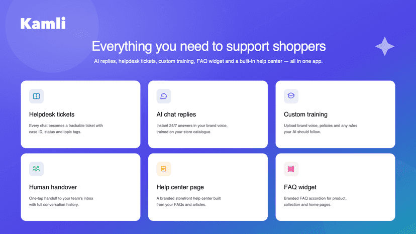 Kamli AI: AI chat, tickets, training and FAQ widget