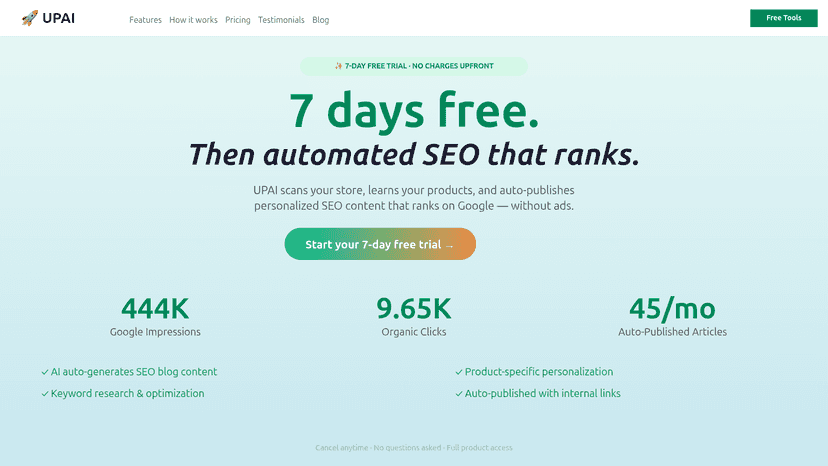 UPAI SEO app: 7-day free trial, 444K impressions, 9.65K clicks