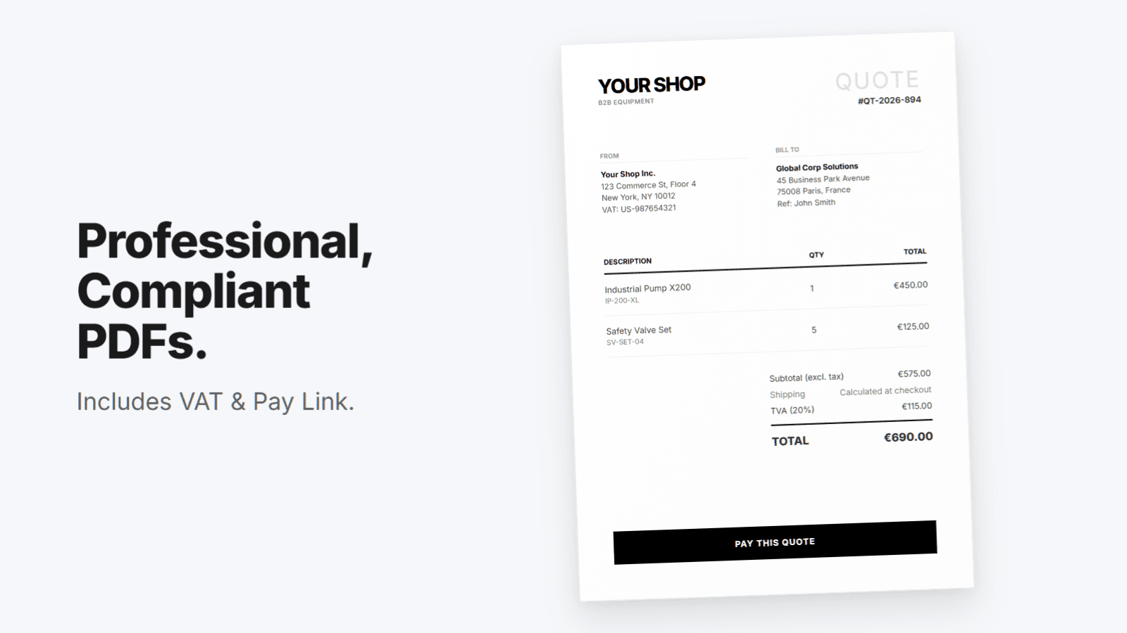 "Pay Quote" link restores the cart and redirects to checkout.