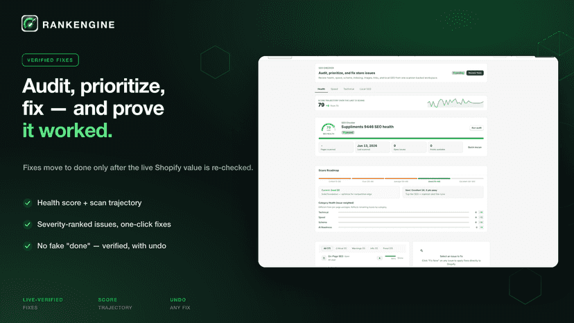SEO Checker health view with severity and verified fixes