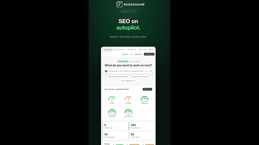 Mobile SEO dashboard: scores and next action