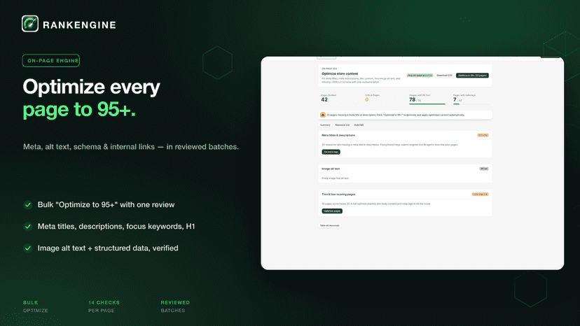 On-Page SEO: optimize meta, alt text & schema to 95+