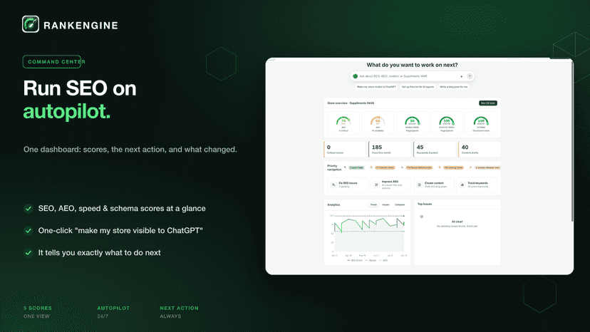 RankEngine dashboard with SEO health score and open issues