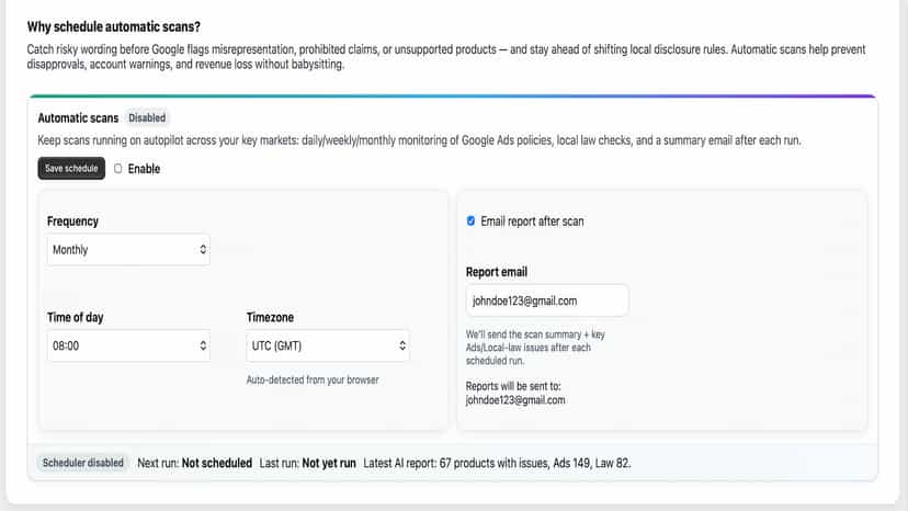 Schedule product scans + receive compliance reports