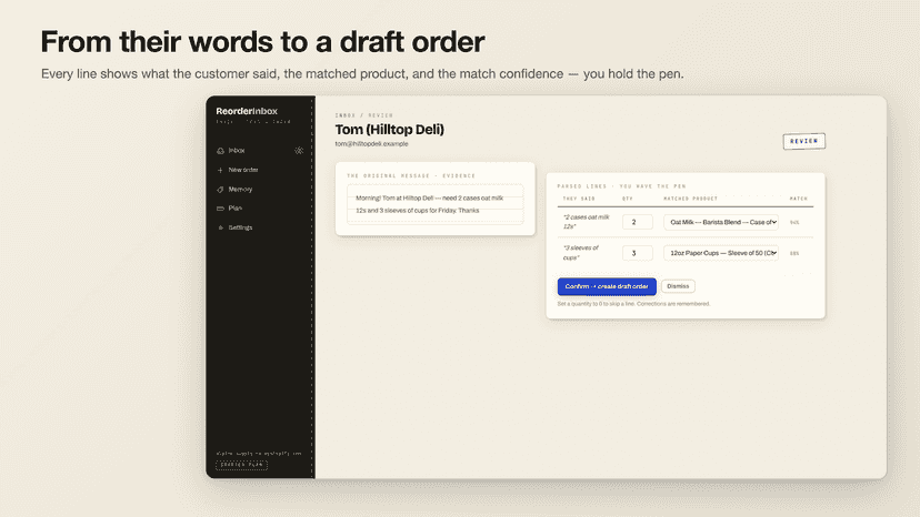 Review screen: parsed lines matched to real products