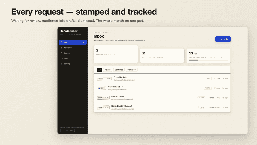 Inbox of parsed order messages with statuses