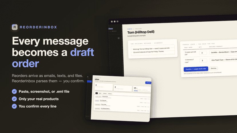 Every message becomes a draft order — review and inbox
