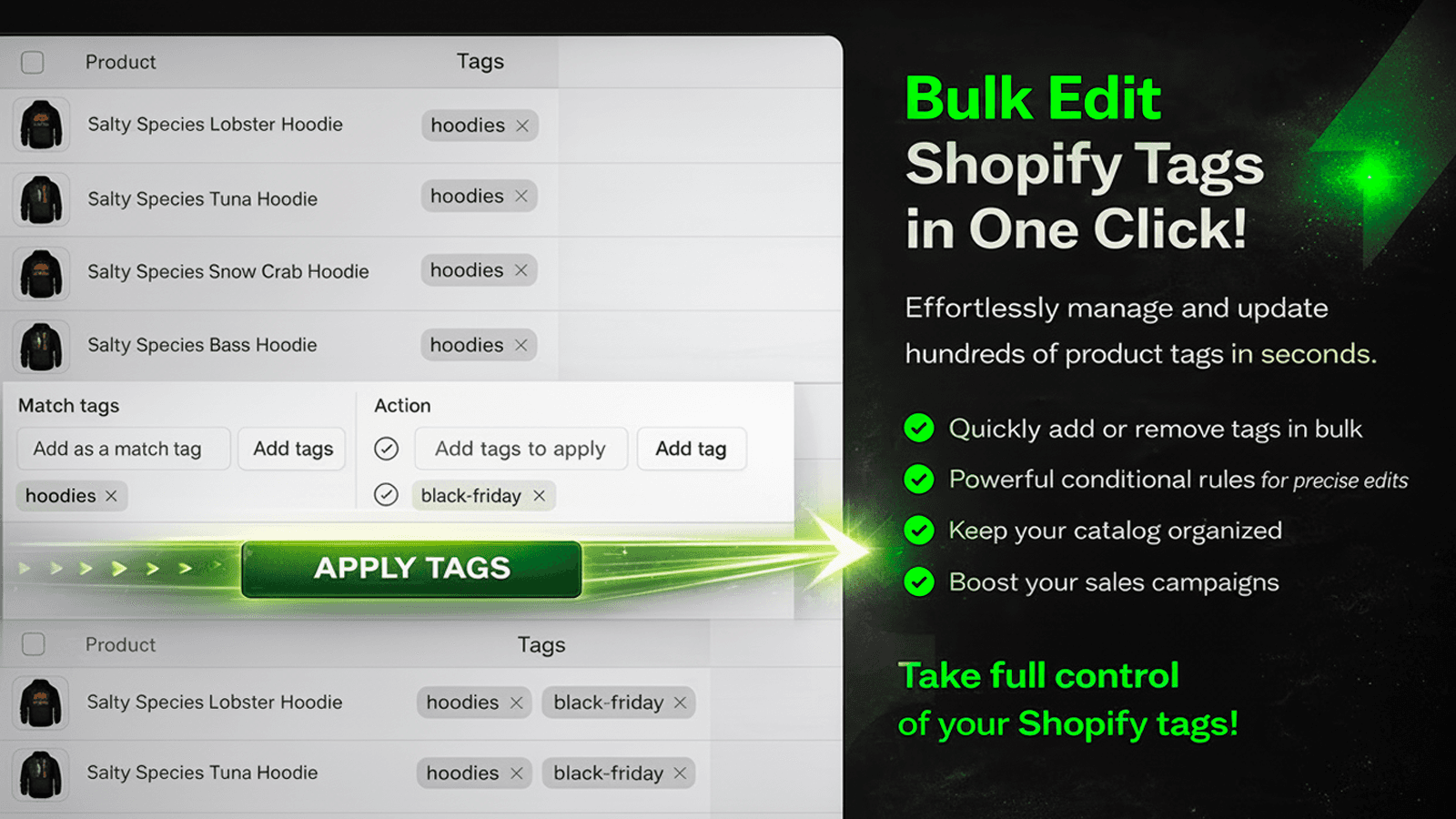 Bulk edit Shopify product tags in one click with rules