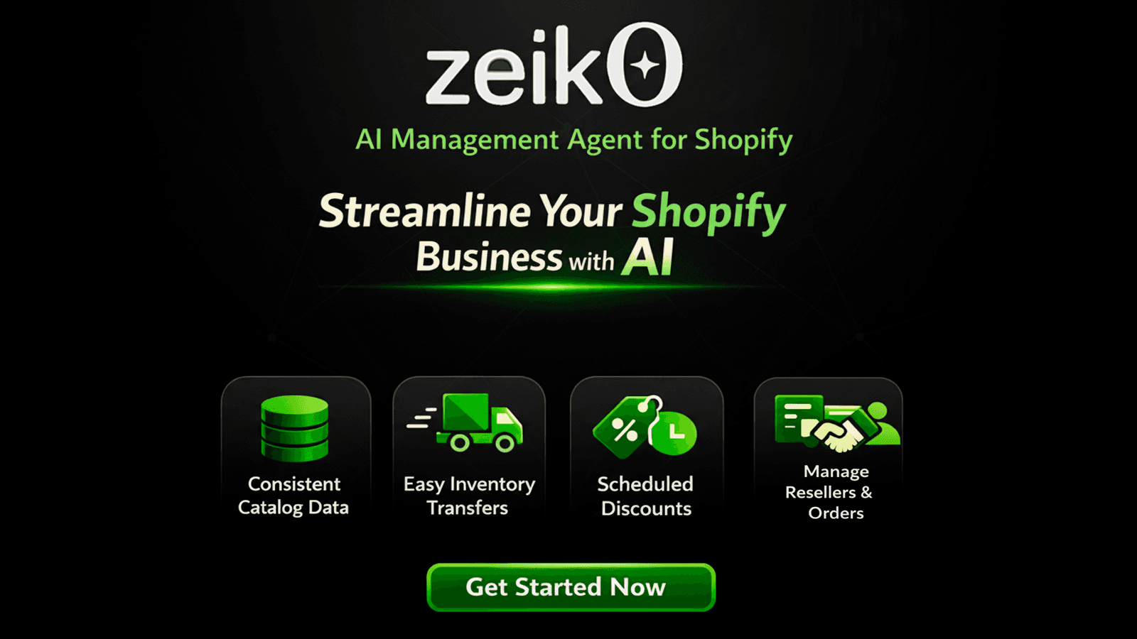 zeik0 Shopify AI banner: catalog, transfers, discounts, reseller