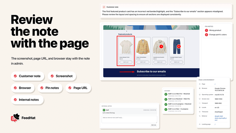 Review the note with the screenshot, page URL, and browser