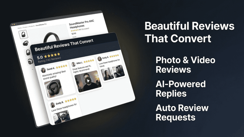 Review widget showing star ratings, customer photos and AI-reply