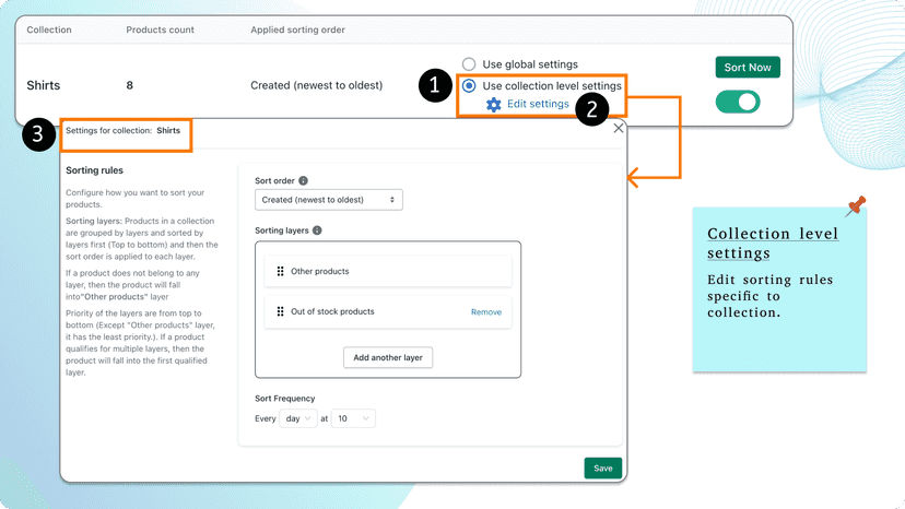 Showing how to edit sort setting for a specific collection