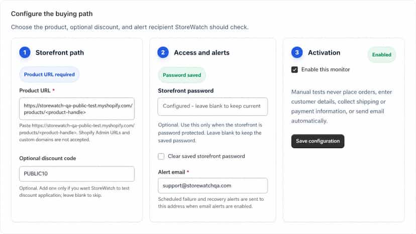 Configure a product buying path, discount, and email alerts