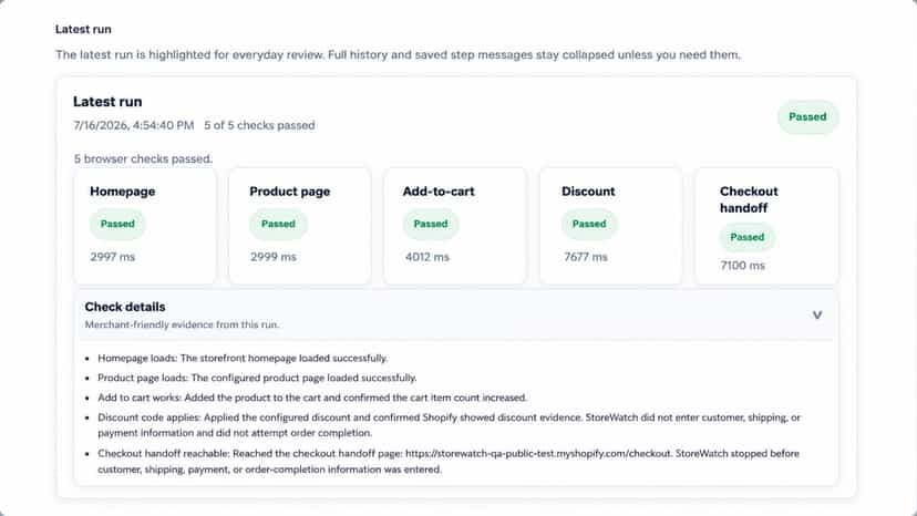 Five passed browser checks with safe checkout handoff