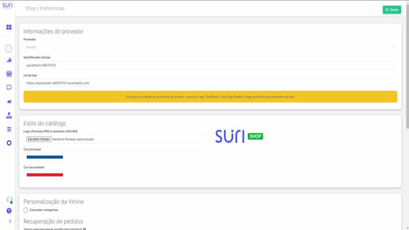 Suri platform warning to use Shopify App to finish config