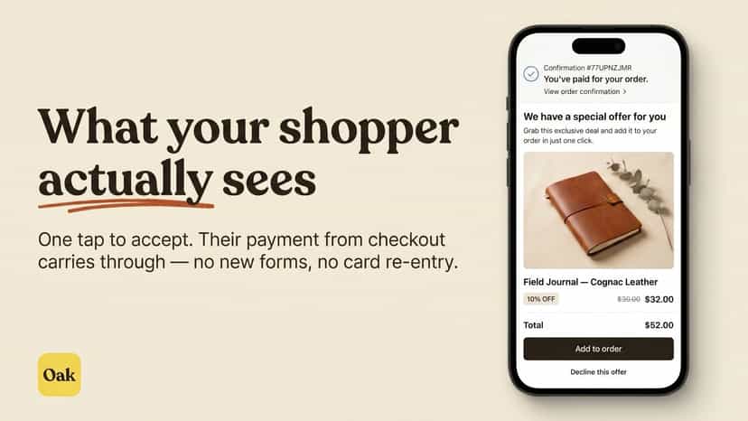 Shopper view: 1-tap post-purchase offer, no card re-entry