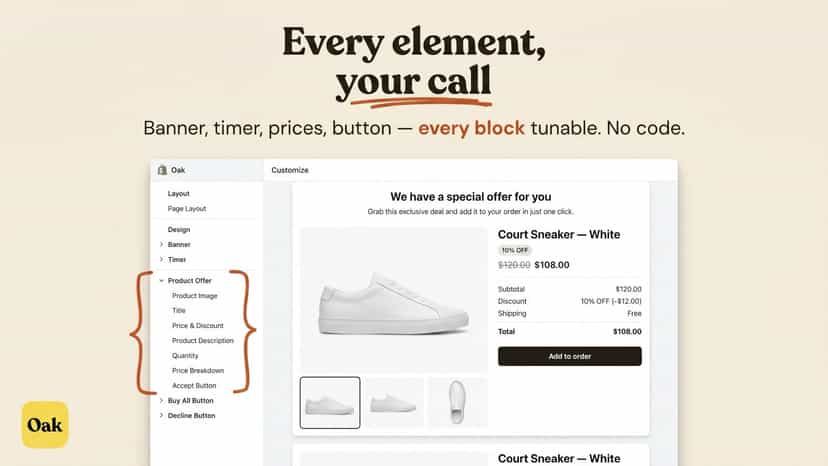 No-code post-purchase upsell editor - customize every block