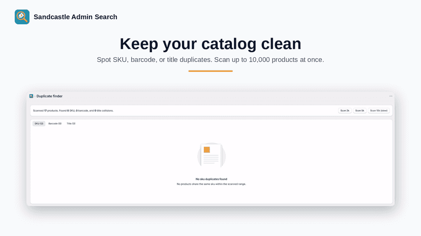 Duplicate finder with SKU, barcode, and title tabs after scan