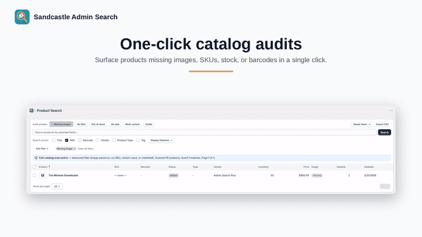 One-click audits surface products missing images or SKUs