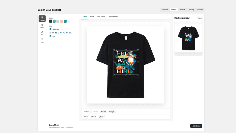 Upload designs and preview every color in real time
